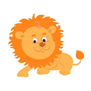 Cartoon lion in flat style lies. Illustration isolated on white background. Vector illustration for children. A cute and cheerful animal.