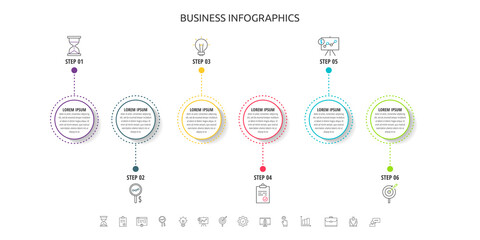 Circles vector line infographic with 6 step, icons. Timeline used for diagram, chart, web, banner, presentations, flowchart, info graph, content, levels, chart, processes diagram