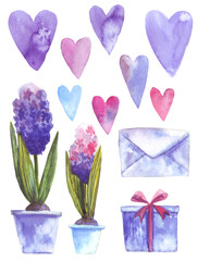 Watercolor hyacinth flowers, envelope and hearts isolated on white.