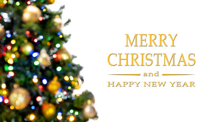 Merry Christmas and Happy New Year greeting card, blurred background of the twinkling lights of the Christmas tree. Greeting card background.