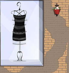 vector illistration stone wall and showcase with dark dress