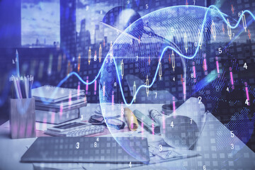 Double exposure of stock market graph drawing and office interior background. Concept of financial analysis.