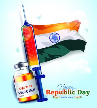 Vector Illustration, Republic Day Of India Background With Indian Flag And Covid 19 Immunity Vaccine Ideas Concept, Presentation, Growth Showoff, Indian Army Parade, Technology Success Creative