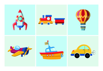 Vector image. Collection of drawings of toys for children. Transport toys. A rocket, air balloon, a car, an airplane, a train and a toy boat.