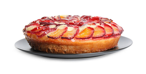 Delicious cake with plums isolated on white