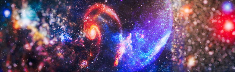 Panorama view universe space. Cosmic landscape, beautiful science fiction wallpaper with endless...