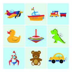 Vector image. Children's toys drawings. Toy with a spinning top, dinosaur, teddy bear, ship, car, plane, rocket, rubber duck and a train. Nice drawings for children.