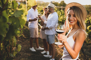 Beautiful young woman with glass of wine and her friends in vineyard on sunny day