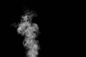 White steam with water drops on a black background. Curly steam, smoke. Abstract background, design element, for superimposing on images