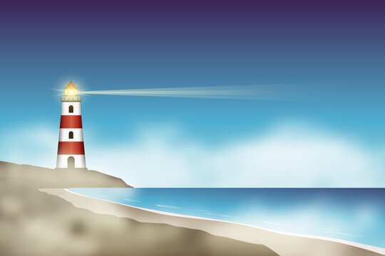 lighthouse near beach in the night fog vector illustration EPS10