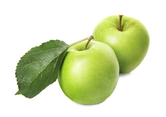 Fresh green apples with leaf isolated on white