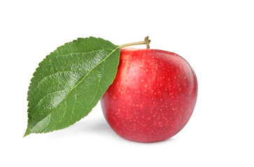Fresh red apple with leaf isolated on white