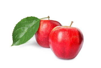 Fresh red apples with leaf isolated on white
