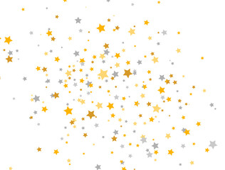 Golden and silver stars on white background. Celebration banner. Glitter elegant design elements. Gold shooting stars. Magic decoration. Christmas texture. Vector illustration