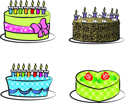 vector drawing cartoon birthday cake set