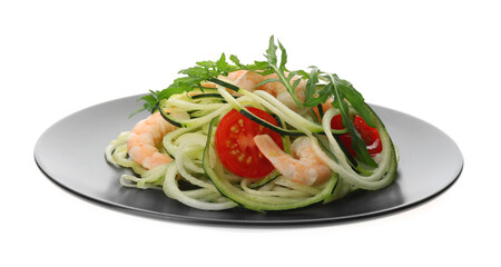 Tasty zucchini pasta with shrimps and tomatoes isolated on white
