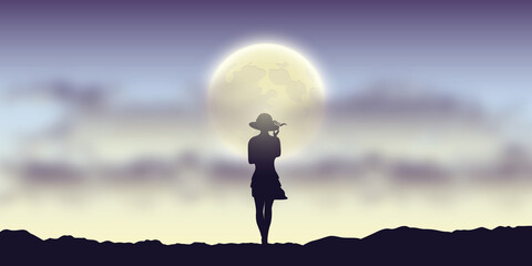 young girl at full moon and cloudy sky landscape vector illustration EPS10 © krissikunterbunt