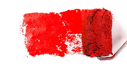 Paint roller soaked in red paint, smeared color isolated on white background, top view