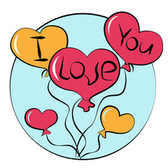 Flying bunch of balloons in shape of heart with text I Love You. Happy Valentines Day gift. Vector holiday illustration about love, wedding, engagement. Banner, postcard, sticker.