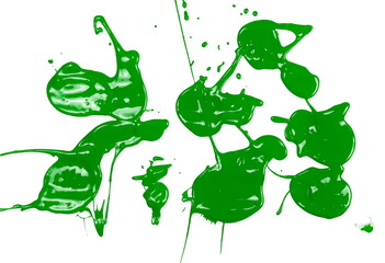 Green paint stains, color spillage drops isolated on white background, top view