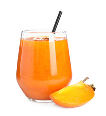 Tasty persimmon smoothie with straw and fresh fruit isolated on white