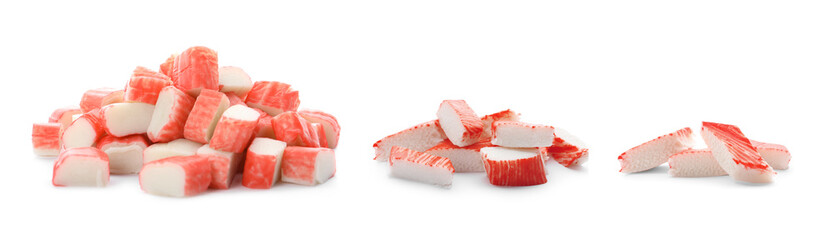 Set of fresh crab sticks on white background. Banner design