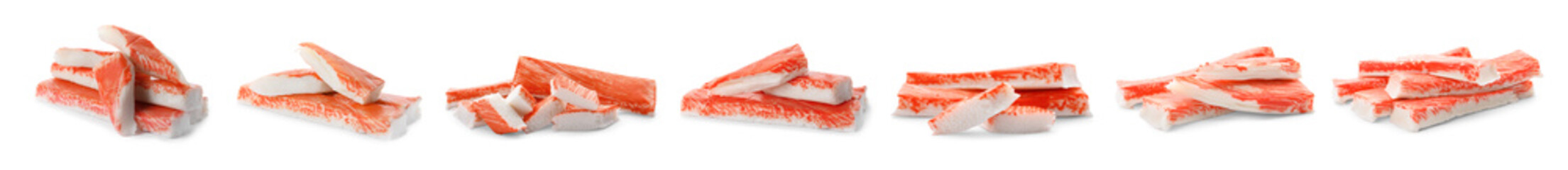 Set of fresh crab sticks on white background. Banner design