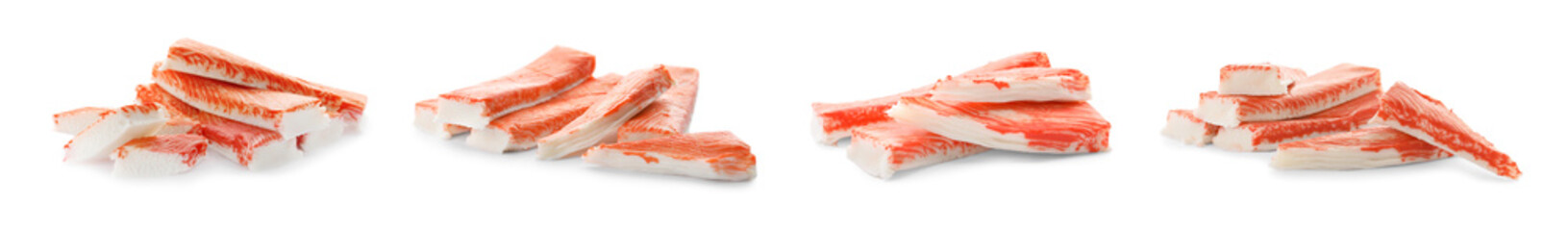 Set of fresh crab sticks on white background. Banner design