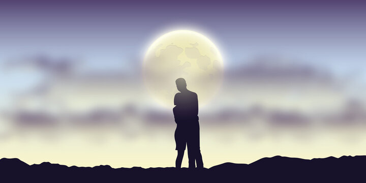 romantic night loving couple on full moon sky landscape vector illustration EPS10