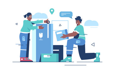 Process of product packaging vector illustration. People working at production line flat style concept. Man and woman packing boxes. Delivery idea. Isolated on white