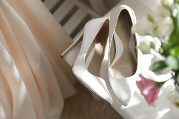 Pair of white high heel shoes, flowers and wedding dress indoors