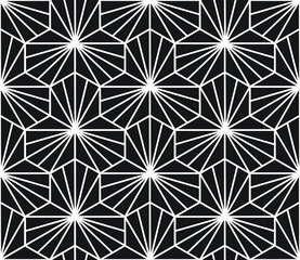 Impactful repeat pattern of three connected hexagons and converging lines in black and white, geometric vector illustration