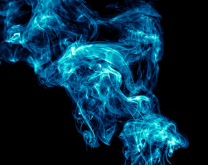 Blue smoke isolated on black background.