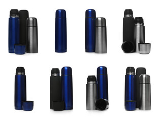 Obraz premium Set of modern thermoses isolated on white