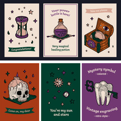 Postcard Set, Gigt and Tag in Hippie Magic Style. Witch Boho and Gypsy Story for Banner. Hourglass, Potion, Chest, Globe, Skull, Tooth with Keyhole and Key, Moon with Star. Astrology for Tarot, Print