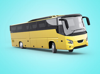 Obraz na płótnie Canvas 3d rendering yellow long travel bus turns on blue background with shadow