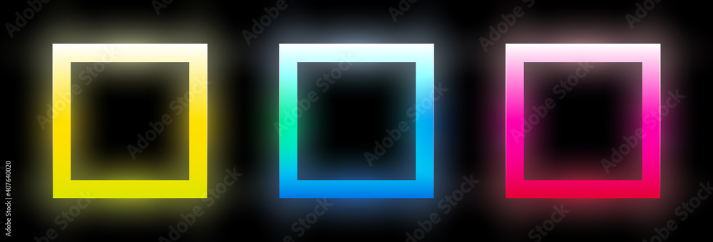 Poster set of abstract colorful glowing squares. geometric rectangular shapes with vibrant gradient. design