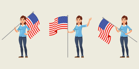 Woman holding american flag in different poses. Female character in cartoon style.