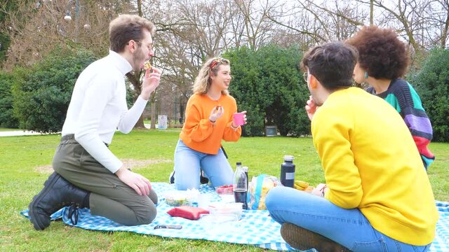 Four young students multi ethnic friends outdoor doing pic nic in a park spending time together and having fun celebrating happy moments