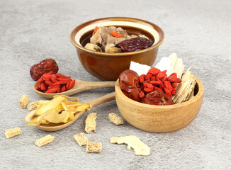 Many chinese medicin herbs ,goji berry, dried jujube, chinese yam, polygonatum
