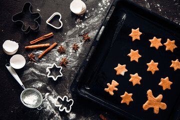 Cooking homemade gingerbread cookies. Traditional homemade Christmas pastries.