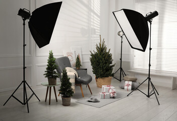Beautiful Christmas themed photo zone. Cozy living room interior imitation