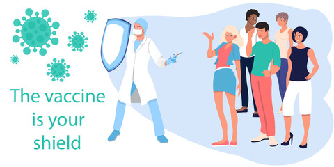 The doctor protects people from the coronavirus with vaccinations.