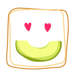 Avocado toast in love. Vector flat illustration. In love, emodji, fun, print design. Vegan food 