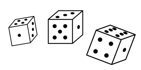 Dice vector black and white illustrations in minimalistic trendy flat design style on white background. Line drawing