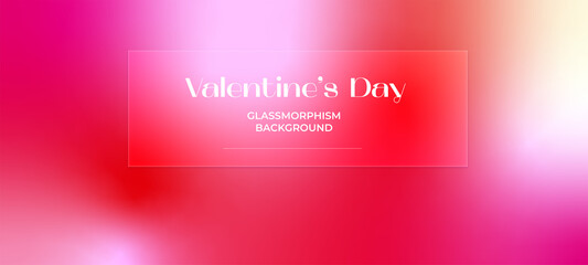 Glassmorphism. Abstract background. Happy Valentine's day, poster on red gradient background. Vector illustration. Romantic quote postcard, card, invitation, banner template.