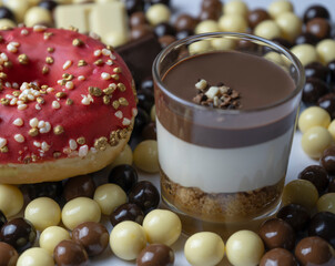 Chocolate dessert in glass (yogurt or cream, cookies and nuts )with red donut and chocolate balls (black chocolate, milk chocolate and white chocolate ).