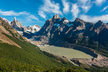 Beautiful view of Torre Lake with Cerro Torre and Fitz Roy in the background, Patagonia (AG)