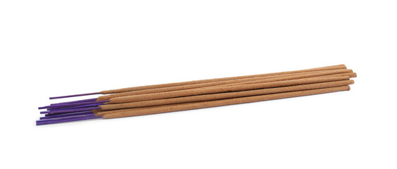 Many aromatic incense sticks on white background
