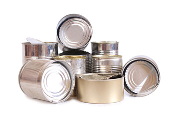 Heap of old empty cans on a white background. Isolated objects